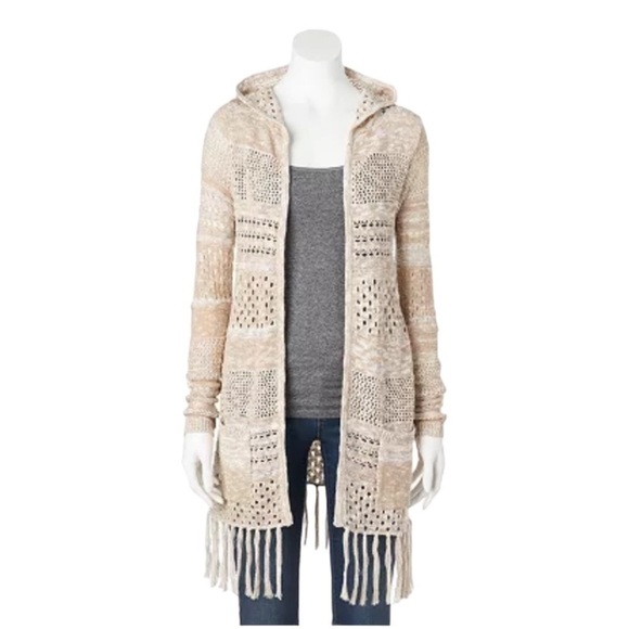Mudd Open-Work Marled Birch Fringe Hoodie Cardigan Boho Crocheted Jacket Size M - Picture 1 of 7